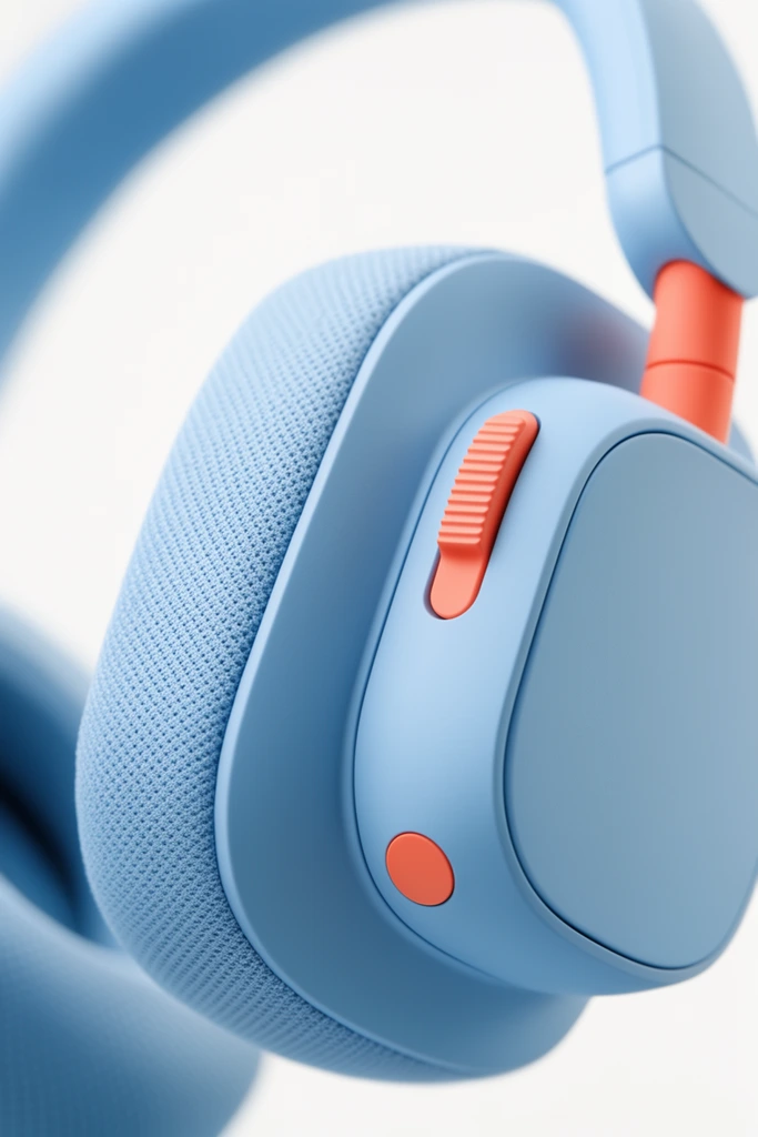 Close-up macro product shot of modern over-ear headphones featuring a matte pastel blue finish with vibrant coral orange accents. The prominent ear cup displays a rounded square profile paired with a soft textured fabric mesh cushion. A ridged coral slider attaches at the yoke joint alongside a flat circular orange button on the smooth exterior shell. The curving headband fades into a smooth shallow depth of field blur. Soft diffused studio lighting against a clean white background highlights the minimalist tactile aesthetic.