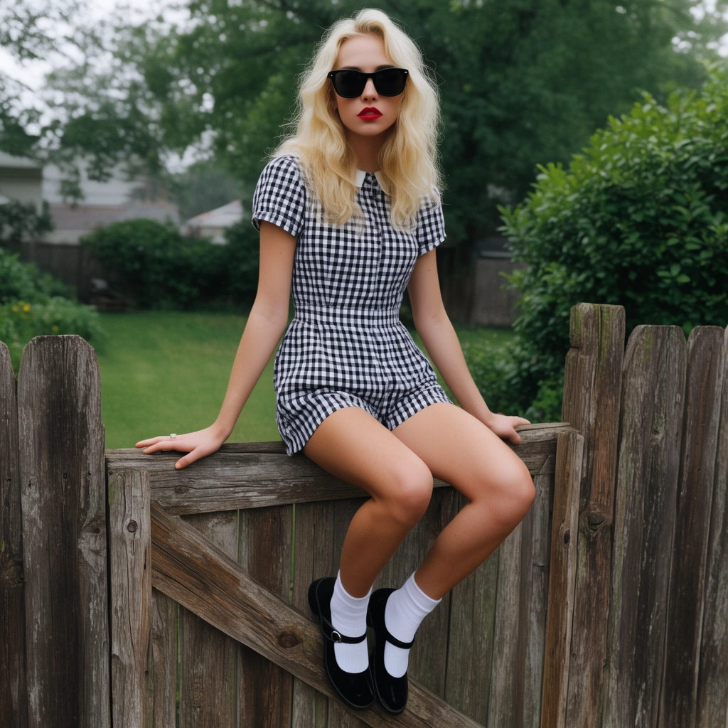 blonde woman on rustic wooden gate, black and white gingham romper, dark sunglasses, red lipstick, white socks, black Mary Janes, green backyard, soft overcast lighting, fashion photography