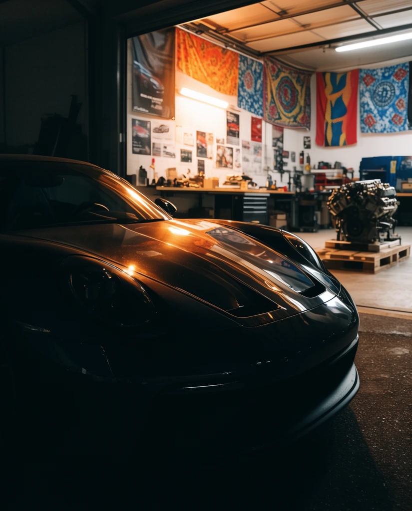A sleek dark sports car dominates the foreground, its glossy curved hood catching striking warm highlights. Behind it sits a brightly lit open garage containing workbenches, an engine block on a pallet, and walls decorated with posters and colorful patterned flags. The low-angle composition contrasts the shadowed, reflective vehicle against the luminous industrial workshop.