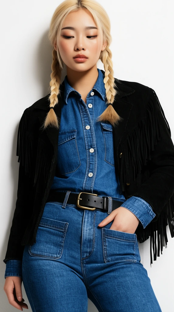 young East Asian woman with blonde twin braids, black fringed jacket open over a blue denim button-down shirt, matching high-waisted blue jeans with front patch pockets, black leather belt with brass buckle, hand resting in pocket, leaning against a plain white studio background, confident downward gaze, soft makeup, high-end fashion editorial photography, crisp studio lighting, sharp focus