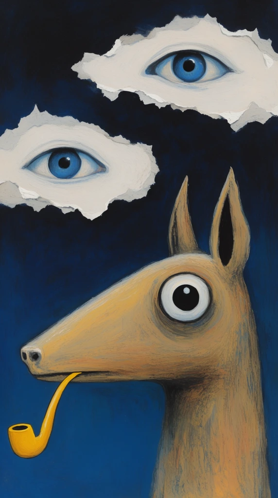 Surreal profile of a tan, long-snouted animal with a large staring eye holding a yellow pipe in its mouth against a dark blue background. Two torn white clouds containing blue human eyes float above.