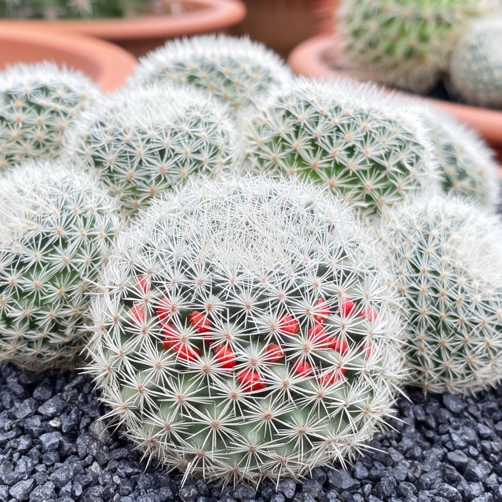 A tight macro photograph focuses on a dense cluster of spherical green cacti resting on coarse dark gravel. Intricate, star-shaped formations of stark white spines densely envelop the fleshy plants, giving them a heavily textured, frosted appearance. Tiny, vibrant red fruits nestle within the prickly areoles of the foremost cactus. A shallow depth of field softly blurs the background, revealing glimpses of curved terracotta pots and additional out-of-focus foliage under bright, diffused natural light.