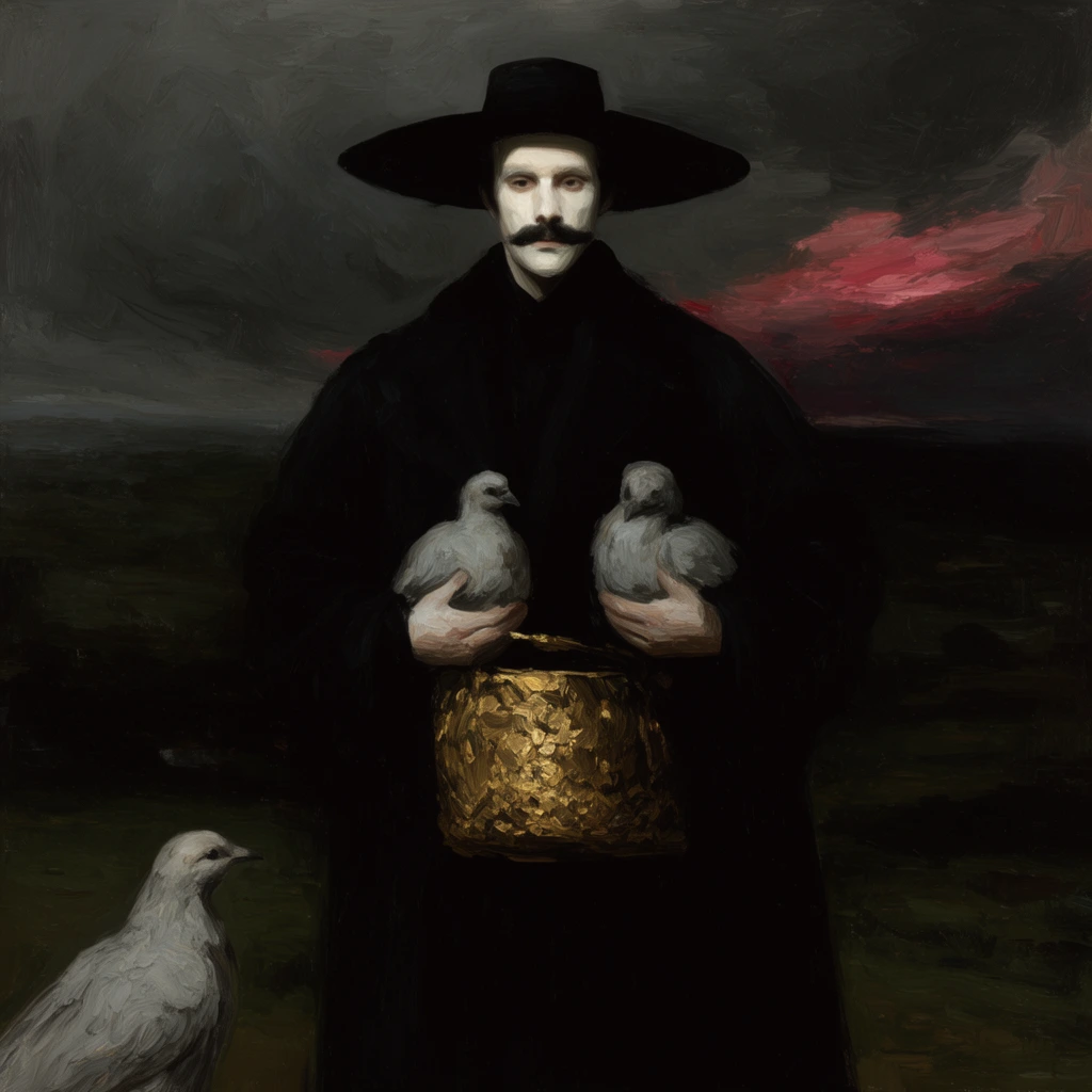 pale man with dark mustache, wide-brimmed black hat, voluminous black overcoat, cradling two pale grey birds, golden textured basket at waist, third light grey bird standing on lower left, dark murky landscape background, stormy grey sky, streak of reddish-pink sunset piercing dark clouds on the right, classical oil painting style, expressive impasto brushstrokes, dramatic chiaroscuro, somber and mysterious tone