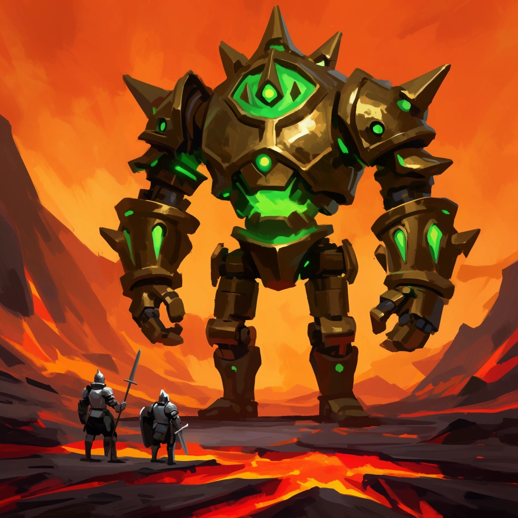 A towering bronze mechanical golem with glowing green accents dominates two tiny armored knights in a volcanic crater. Broad painterly brushstrokes define the orange sky and jagged terrain, creating a bold concept-art aesthetic.