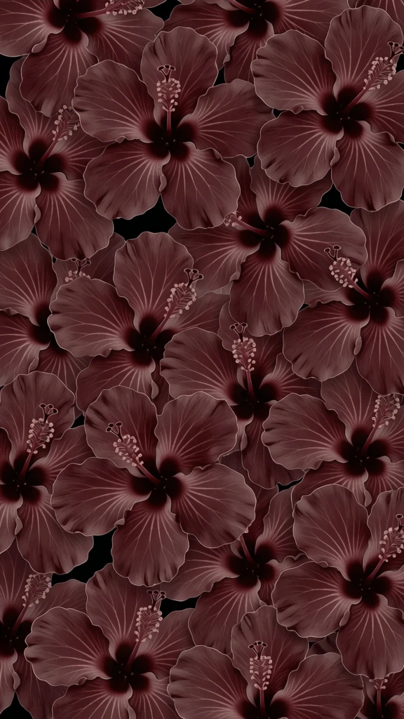 A dense, layered pattern of numerous hibiscus flowers in shades of deep maroon and mahogany fills the entire frame. Each hibiscus flower features five wide, overlapping petals characterized by fine radial veining and thin, light-colored outlines that provide a sense of depth and separation between the blooms. The centers of the flowers are dark, almost black, from which long, slender stamens emerge, tipped with clusters of small, bright specks representing anthers. The flowers are packed tightly together in an overlapping fashion, with some blossoms appearing in full while others are partially obscured by those layered on top. Small, irregular patches of a pitch-black background are visible in the narrow gaps between the floral elements. The color palette is muted and monochromatic, focusing on dark, earthy reds with soft, grayish-pink highlights on the petal edges. The lighting is soft and even across the composition, accentuating the velvety texture and gentle curves of the petals. The image is captured from a flat, top-down perspective, creating a continuous and repetitive floral motif across the vertical frame.