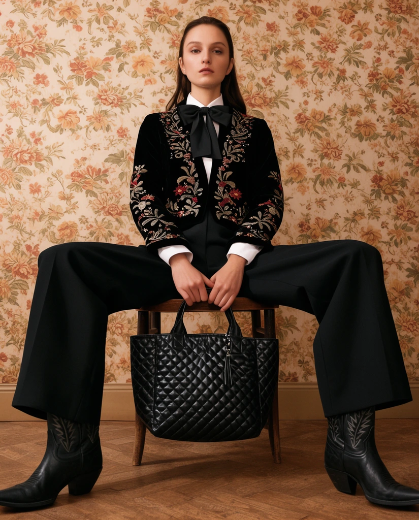 seated woman in embroidered black velvet jacket, bow tie, wide trousers, cowboy boots, holding black quilted tote bag, wide stance on wooden chair, vintage floral wallpaper, low angle fashion editorial