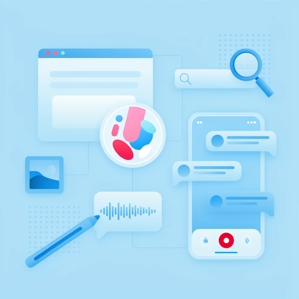 A flat vector illustration of digital workspace elements floating against a light blue background accented with dotted grids and thin connecting lines. A minimalist browser window with three colored dots overlaps a circular badge containing abstract colorful shapes in the center. To the right, a vertical smartphone interface displays floating chat bubbles above a bottom menu with a prominent red record button. A blue stylus points toward a speech bubble containing an audio waveform. A magnifying glass hovers over a search bar in the upper right, while a blue landscape picture icon floats on the left. The composition utilizes a cohesive light blue monochromatic palette punctuated by bright accents of red and pink, featuring smooth gradients, rounded corners, and clean geometric layouts.