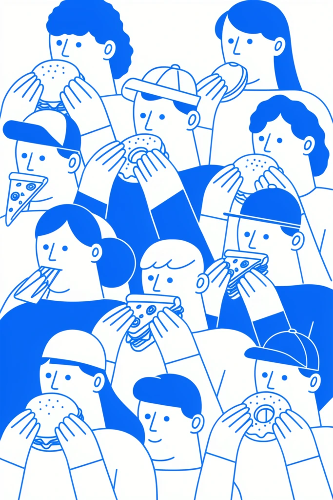 dense overlapping crowd of stylized characters eating fast food, bright blue monochromatic line art on white background, minimalist flat vector illustration, figures holding a burger pizza sandwich and donuts, solid blue color-blocked clothing and hair, simple faces with dot eyes, diverse hats, clean bold lines