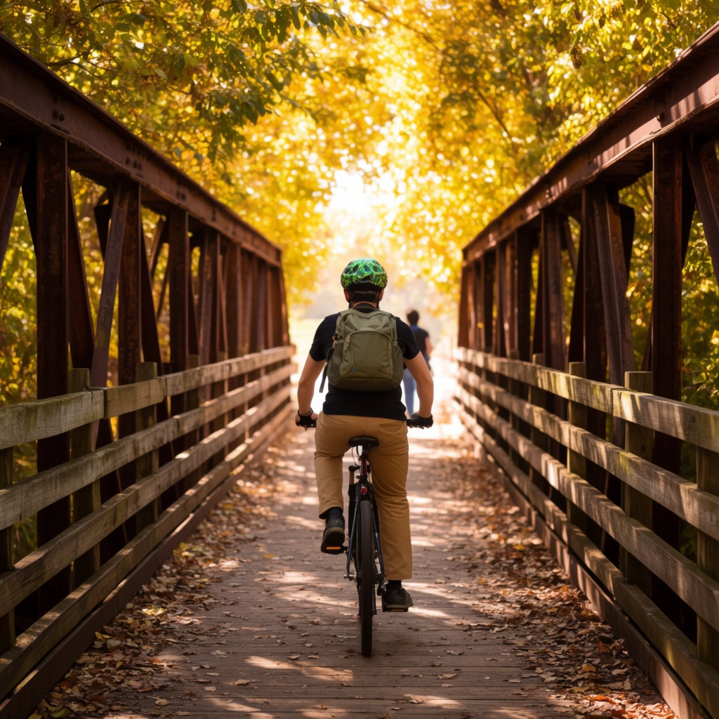 A cyclist pedals away across a rustic steel truss bridge scattered with dry autumn leaves. The rider wears a black shirt, tan pants, a green patterned helmet, and an olive-green backpack. Heavy, dark rusted metal beams and wooden side railings create strong converging leading lines toward a brightly illuminated background. Brilliant sunlight filters through dense yellow and green foliage framing the exit, forming a glowing tunnel effect over the wooden plank path. Dappled light and deep shadows fall across the deck, where a distant pedestrian walks ahead. The photograph features an eye-level rear perspective, rich warm autumnal tones, and a soft depth of field.