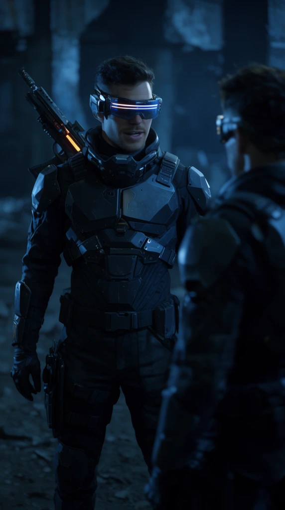 Two futuristic mercenaries converse in a shadowy industrial ruin. The main figure wears sleek tactical armor and a glowing visor, an energy rifle slung across his back. He speaks to a blurred companion in the foreground. Cinematic low-key blue lighting.