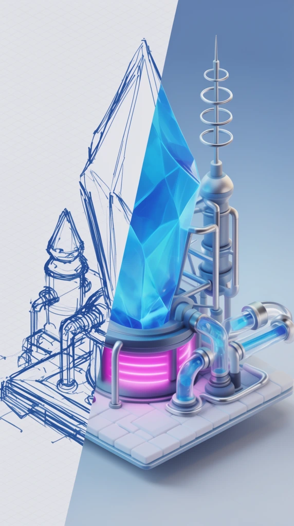 isometric split-screen concept art of a futuristic structure, blue ink wireframe sketch on the left, glossy 3D render on the right, large translucent blue faceted crystal, glowing magenta cylindrical base, silver pipe framework, tall ringed antenna, transparent pipes carrying blue fluid, square tiled platform, soft studio lighting, light grey grid background divided by a diagonal blue band