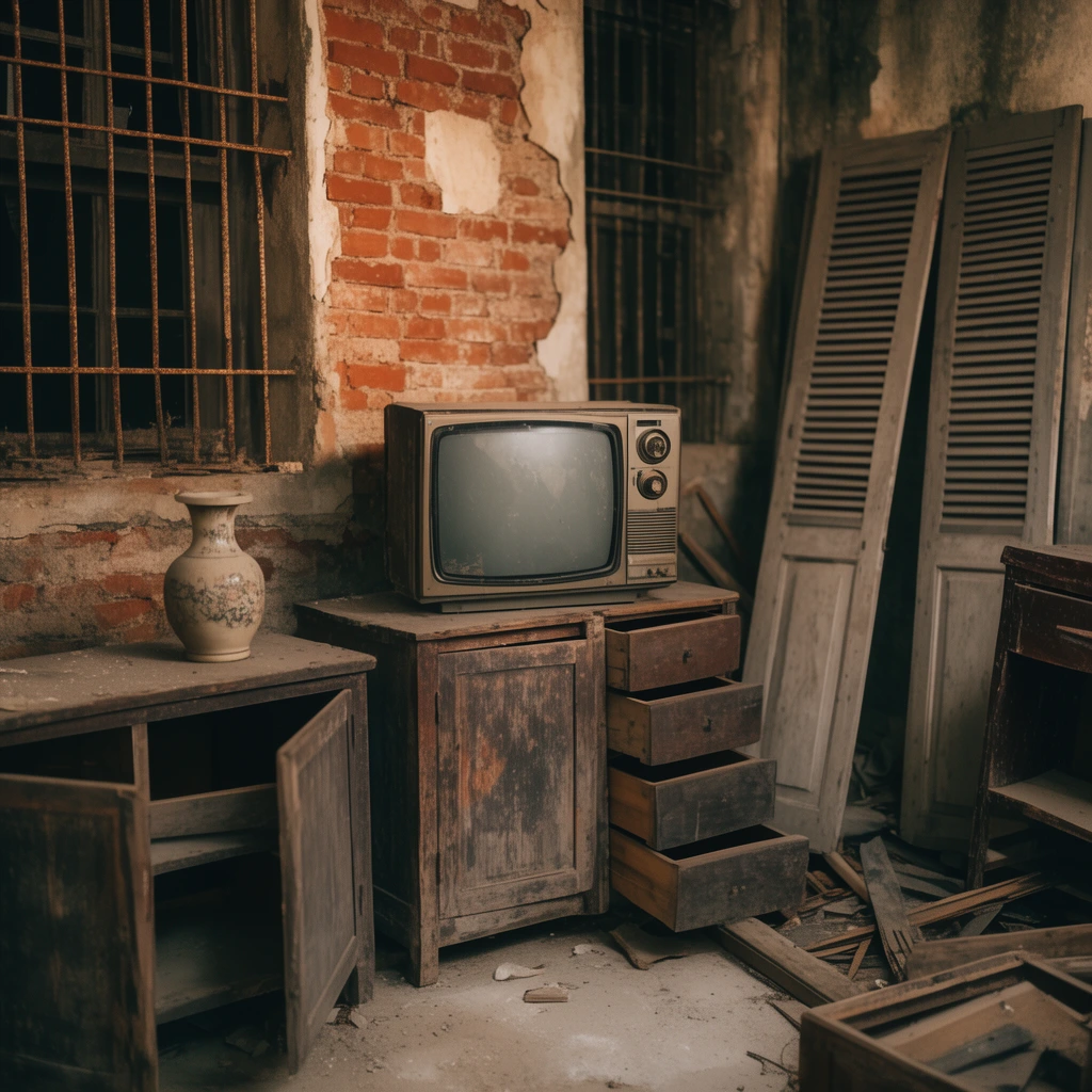 abandoned room interior, dusty vintage CRT television resting on weathered wooden cabinets, exposed red brick wall with peeling plaster, rusty metal window grates, scattered wooden debris and broken furniture on concrete floor, open empty drawers, leaning louvered doors, ceramic vase, warm cinematic lighting, muted earth tones, moody urban decay photography