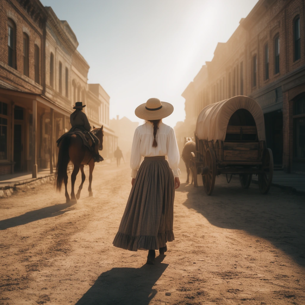 A woman in a white blouse, long skirt, and wide straw hat walks away down a dusty street in a historical western town. A person on horseback and a horse-drawn wagon traverse the road near two-story brick storefronts. The cinematic wide shot features a warm color palette with intense solar backlighting casting long shadows forward.