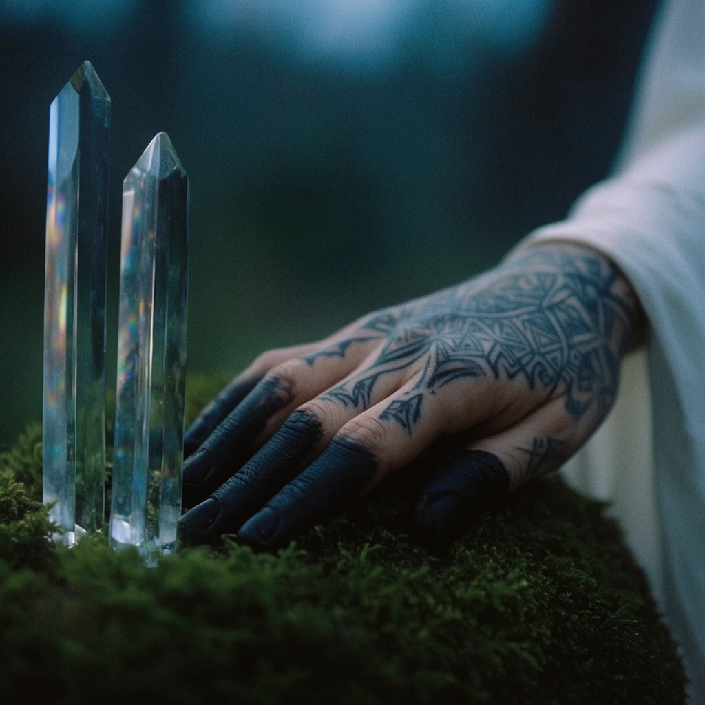 A tattooed hand with black-stained fingers rests on dark green moss beside two upright glass prisms. Emerging from a flowing white sleeve, the hand displays intricate geometric ink across its back, while dense, opaque black pigment coats the fingertips. The transparent crystalline blades on the left edge catch subtle iridescent light refractions. Captured in a cinematic macro shot with a very shallow depth of field and rich film grain, the moody scene utilizes a cool-toned palette of deep teals and rich forest greens against a heavily blurred twilight background.