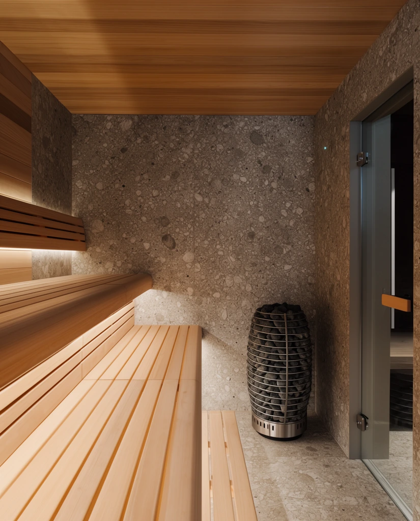 dim modern sauna interior, smooth slatted light wood benches with warm under-lighting, heavily textured speckled grey stone walls, cylindrical metal corner heater with dark rocks, partially open glass door, architectural wide-angle photography