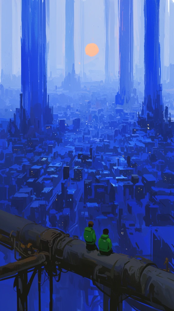 Two figures in green jackets view a vast, deep blue futuristic megacity from an elevated industrial pipe. Dense blocky buildings and massive vertical pillars stretch toward a misty horizon with a pale orange sun, rendered in a loose digital painting style.