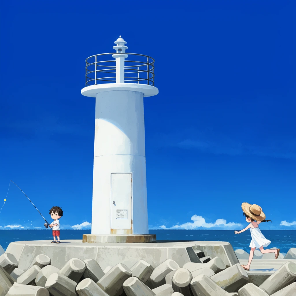 white lighthouse on a concrete breakwater, small boy with fishing rod and girl losing her straw hat running right, tetrapod rocks, vivid blue sky, ocean horizon, vibrant anime illustration style