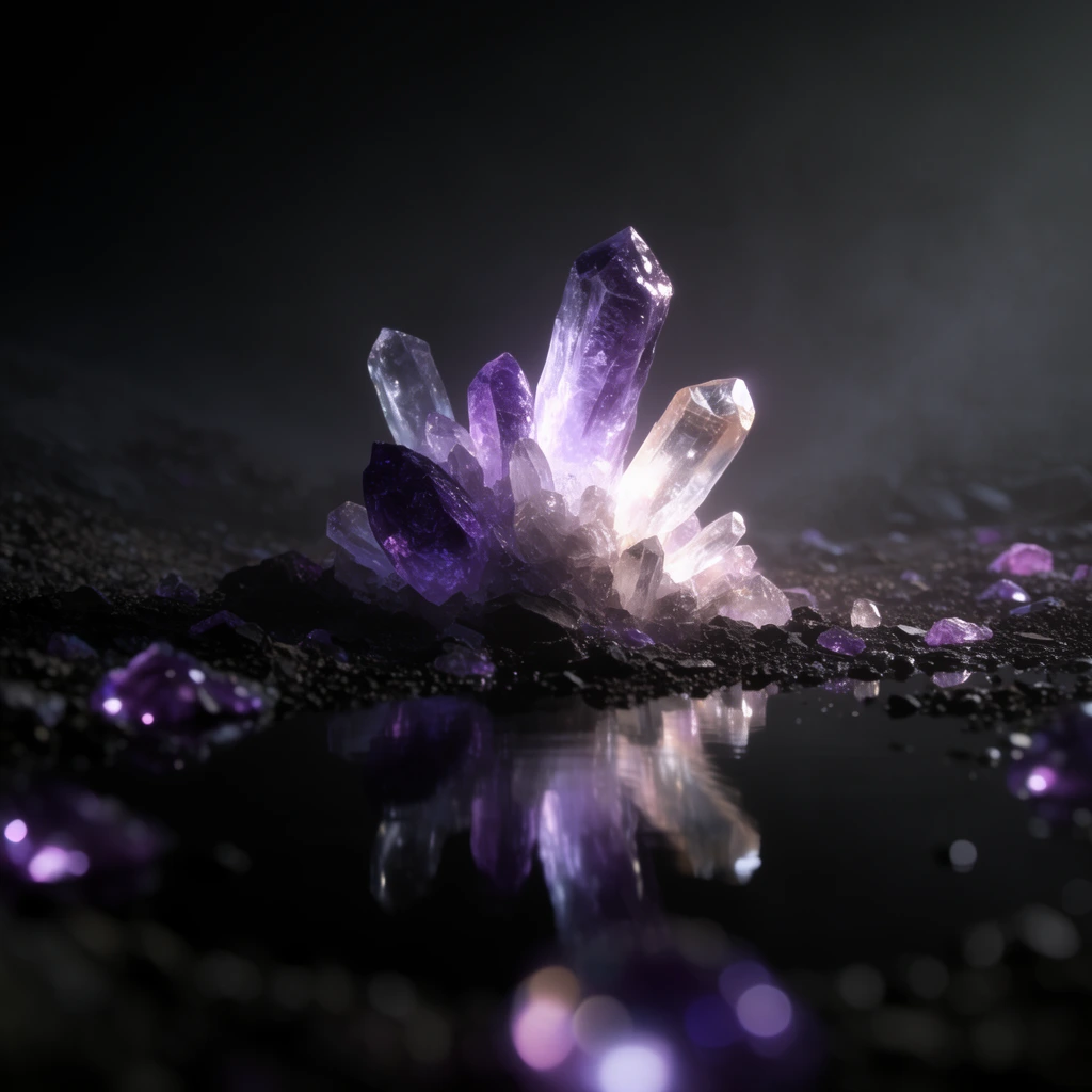 A glowing cluster of rough purple and translucent quartz crystals rises from a dark, desolate landscape, reflecting vividly in a mirror-like black pool. Scattered dark gravel and luminous violet fragments encircle the formation under cinematic low-key lighting, soft atmospheric haze, and shallow depth of field with prominent foreground bokeh.