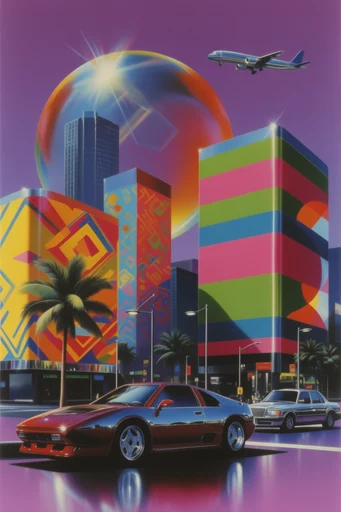 Prismatic Retro-Futurist Airbrush style reference image — 1980s airbrush illustration