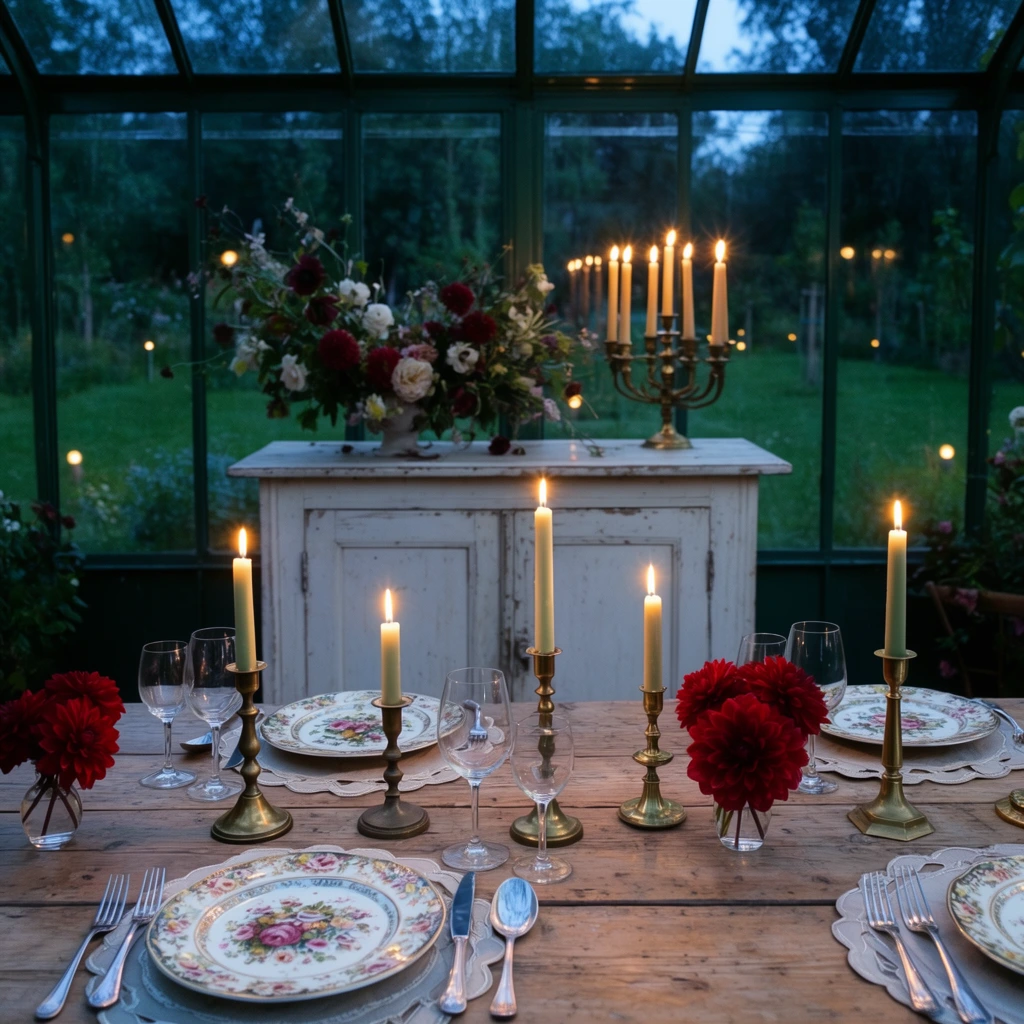 A rustic wooden dining table is elegantly set for an evening meal inside a dark green glass greenhouse at twilight. Unvarnished wooden planks hold ornate floral plates on scalloped placemats, polished silverware, and clear wine glasses. Tall glowing taper candles in varied brass candlesticks illuminate the foreground alongside small glass vases filled with vibrant deep red dahlias. Behind the table stands a distressed white wooden cabinet displaying a sweeping floral arrangement and a lit multi-taper brass candelabra. The large glass panes reveal a cool-toned outdoor scene of lush grass and trees, dotted with distant glowing ground lights. The shallow depth of field creates a moody, romantic atmosphere, contrasting the warm interior candlelight against the deep blue exterior dusk.