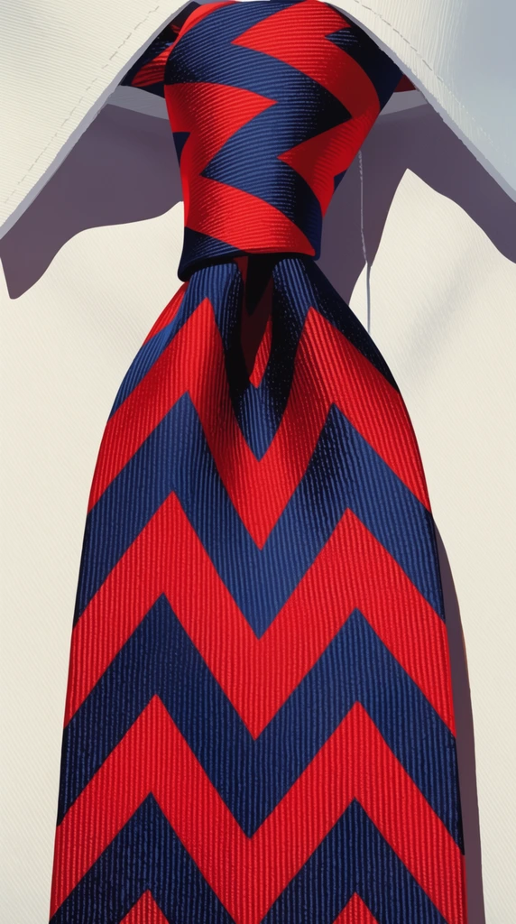 A close-up pop-art illustration of a wide necktie with a bold red and navy blue chevron pattern tied against a crisp white shirt collar. The tie features a tactile ribbed texture with fine vertical lines across the zigzag design. The sharp white collar casts stark, geometric shadows onto the smooth shirt beneath. Sharp lighting and meticulous, flattened perspective emphasize the crisp contrasts and intricate macro details of the woven fabric.