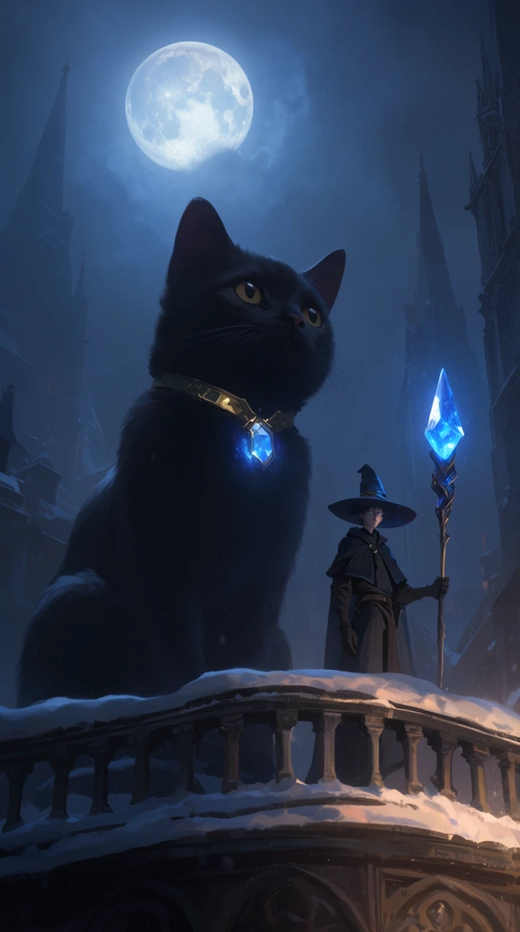 A low-angle digital illustration of a colossal black cat and a mage on a snow-draped balcony overlooking a gothic city at night. The giant cat wears a gold collar with a glowing blue gemstone. Beside it stands a slender figure in a wide-brimmed hat, holding a tall staff topped with a brilliant blue crystal. They are set against a dark sky illuminated by a massive full moon. Tall architectural spires loom in the foggy background. The fantasy scene features a cool palette of deep blues with contrasting warm light reflecting off the snowy foreground, creating a cinematic atmosphere.