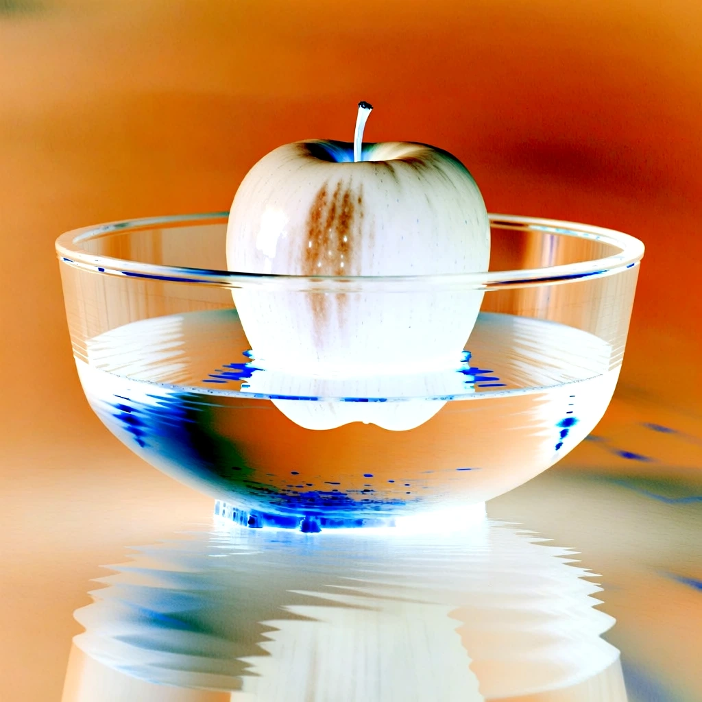 inverted color negative style, high-contrast graphic impact, surreal dreamlike atmosphere, apple floating inside a minimalist glass bowl filled with water, low-angle macro shot, vibrant saturated orange background, electric blue highlights on water and reflections, stark glowing white highlights on the apple and bowl rim, long exposure smoothness, cinematic lighting, sharp focus on subject, saturated complementary color palette, glowing ethereal edges, hyper-real liquid textures.