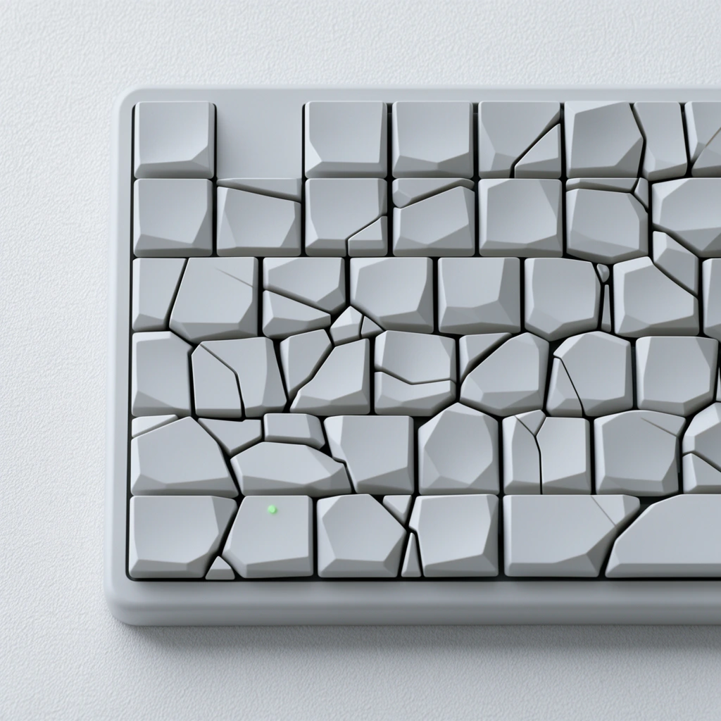 Close-up of a minimalist light gray computer keyboard with irregularly shaped, interlocking polygonal keys resembling cracked ice. Set in a smooth chassis against a textured off-white background, a tiny green indicator dot glows on a lower-left keycap. Soft diffused lighting highlights the matte finish and disrupted geometric grid.