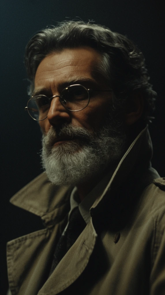 cinematic close-up of a middle-aged man with a thick gray beard and sharp cheekbones, heavy canvas trench coat with a popped collar, wire-rimmed glasses catching faint glare, dramatic low-key lighting, strong shadows on the right side of the face, dark minimalist background, anamorphic framing, analog film grain