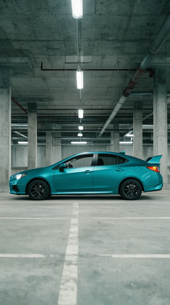 Teal sports sedan, side profile, rear spoiler, empty concrete parking garage, brutalist pillars, exposed pipes, fluorescent lighting, automotive photography