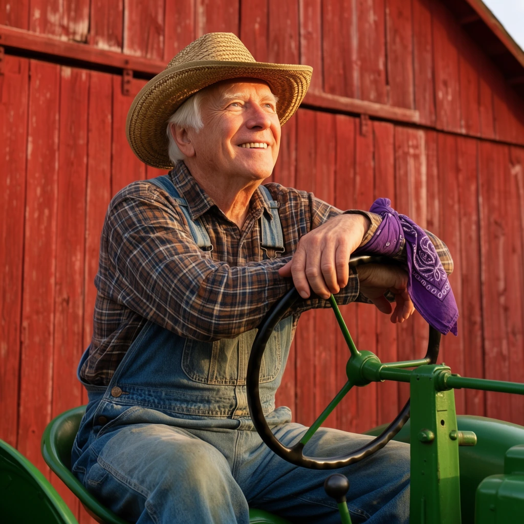 A senior man with white hair and a warm smile sits at the wheel of a vintage green tractor against a weathered red wooden barn. He wears a woven straw hat, a brown and blue plaid shirt, and faded blue denim overalls. His hands rest casually on the black steering wheel, with a patterned purple bandana draped over his left wrist. He gazes upward and off-camera to the right. Warm, directional golden hour sunlight illuminates his face, casting deep shadows that emphasize the rustic textures of his clothing and the vertical planks of the barn behind him. The photograph features crisp focus and vibrant, contrasting colors of red, green, and blue.