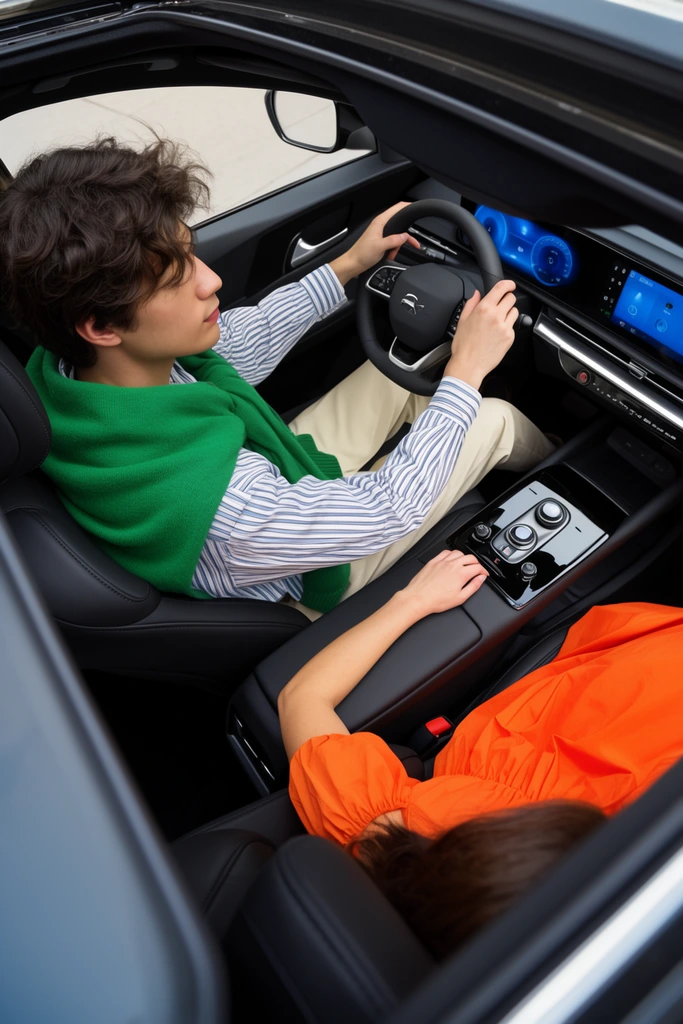 high-angle view through a sunroof into a modern car interior, young man in a striped shirt and green draped sweater driving, passenger in a vibrant orange dress resting an arm on a glossy black console, glowing blue dashboard, black leather seats, crisp commercial photography
