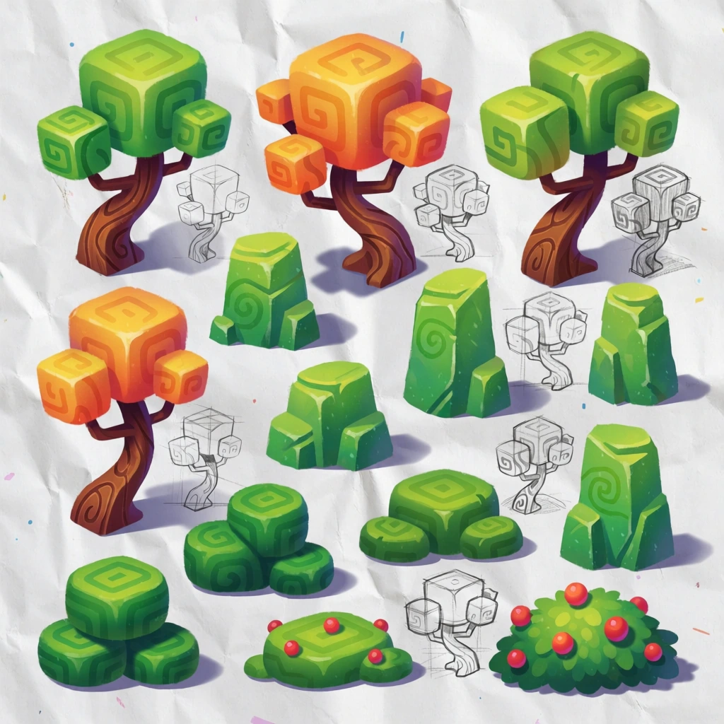 A collection of vibrant, stylized three-dimensional foliage and stone assets is arranged on a textured, crumpled white paper background. The collection includes several types of trees with curved, dark brown trunks featuring carved spiral wood grain patterns. The foliage on these trees consists of clusters of cubic and blocky shapes in shades of bright green or warm orange-yellow gradients, each decorated with a subtle swirl or spiral design on its surfaces. Interspersed among the trees are various green bushes and rock pillars. Some bushes are composed of stacked, rounded green discs with spiral patterns, while others are low, flat mounds, including one decorated with small, spherical red berries. Several bright green rock pillars rise vertically with flat, angular tops and faint spiral markings. Each 3D object is paired with a faint, hand-drawn pencil sketch of itself, positioned slightly behind and to the right, illustrating the transition from concept art to finished asset. The scene is illuminated from the upper left, casting soft, dark grey shadows on the paper beneath each object. The paper itself shows realistic creases, folds, and minute colorful flecks, contributing to a tactile, physical appearance. The digital illustration uses a high-contrast, saturated color palette with smooth gradients and a clean, isometric-style perspective typical of game concept art.