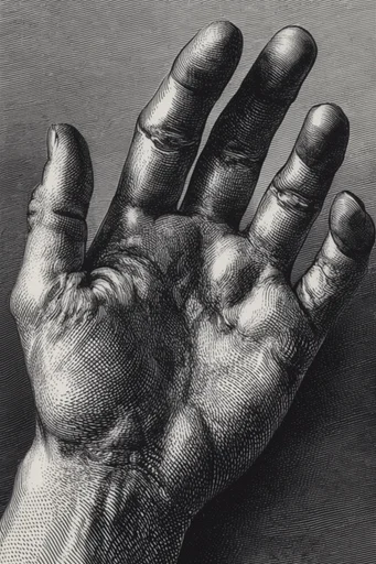Monochrome Etched Surrealism style reference image — cross-hatching