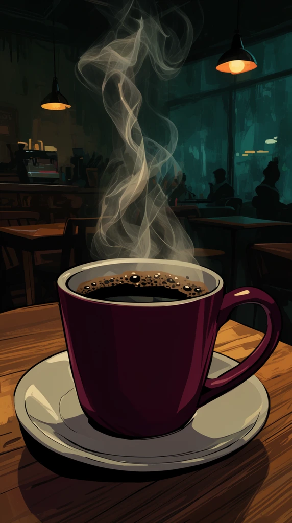 Steaming dark coffee in a maroon mug on a saucer, wispy stylized ethereal steam, resting on a wooden table, dimly lit moody cafe, dark teal ambient window light, warm pendant lights, graphic novel illustration style, cinematic lighting