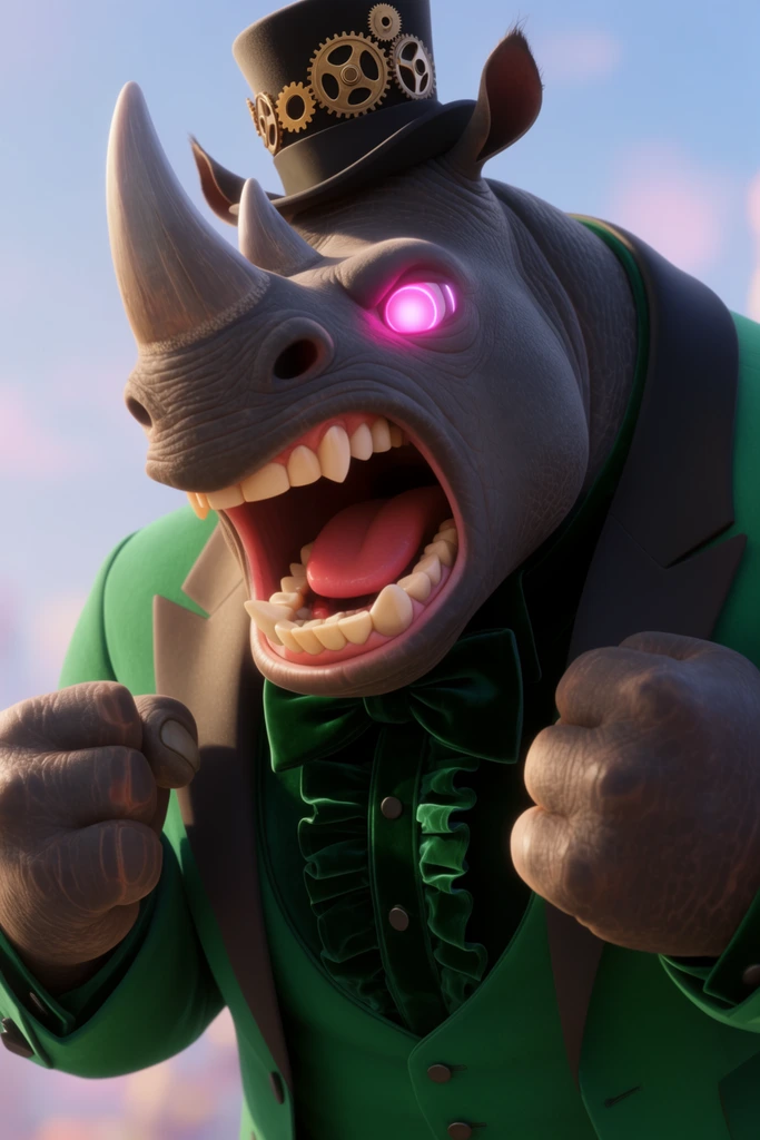 A massive anthropomorphic rhinoceros with deep charcoal skin and glowing neon pink cybernetic eyes roars aggressively in a cinematic low-angle close-up. He wears a sharply tailored emerald-green tuxedo jacket, a ruffled velvet shirt, and a black top hat adorned with brass gears. His mouth is wide open in a fierce bellow, with thick, leathery hands clenched into tight fists near his broad chest. Rendered in a highly detailed 3D animation style, bright saturated lighting highlights his highly expressive face against a smoothly blurred pastel blue sky background.