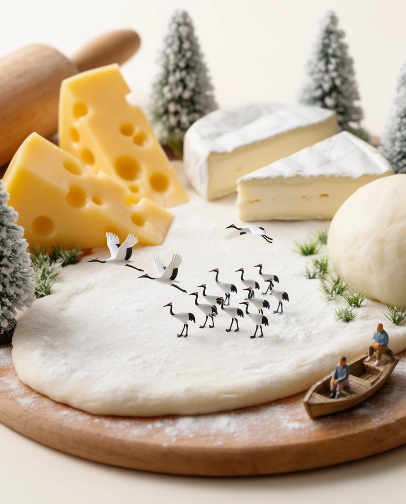 A macro photograph features a whimsical miniature winter landscape constructed on a wooden cutting board using oversized food items and tiny figurines. A flattened disc of white dough dusted with flour forms a snowy field where a flock of miniature red-crowned cranes gather and take flight. Surrounding the dough are terrain features made from wedges of hole-filled yellow cheese, cuts of white brie, a large dough ball, and a wooden rolling pin. Tiny frost-covered trees, sprigs of artificial grass, and two minuscule human figures sitting near a tiny wooden boat complete the surreal diorama. A shallow depth of field blurs the background, while soft, diffused studio lighting highlights the textural contrast between the porous cheese, soft dough, and glossy miniature birds against a bright cream backdrop.