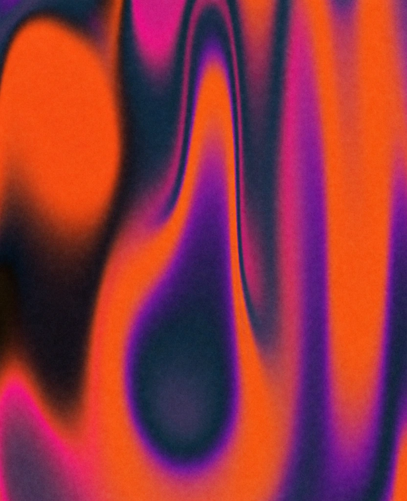 A vibrant abstract composition features fluid, flame-like swirls of orange, purple, and dark blue, all unified by a dense, heavy grain texture. The image is a vertical arrangement of organic, liquid shapes that flow in a wavy pattern from the bottom to the top. A central, elongated purple shape with a dark, charcoal-blue core tapers to a point near the upper center, flanked by saturated orange masses that blend into deep magenta and reddish-brown edges. Dark blue streaks weave through the warmer tones, creating sharp, high-contrast borders between the colors. The entire surface is covered in a uniform digital noise or film grain, providing a tactile, lo-fi aesthetic to the smooth, flowing gradients. The lighting is non-directional, originating from the intensity of the colors themselves, which create a high-saturation palette of violet, bright orange, and dark indigo. The framing is a tight close-up on the color patterns, with no external environment or recognizable subjects present.
