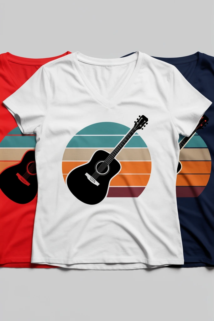 three overlapping v-neck t-shirts laid flat against a solid light gray background, crisp white t-shirt centered in the foreground, vibrant red t-shirt partially visible on the left, dark navy blue t-shirt partially visible on the right, central white shirt features a black acoustic guitar silhouette over a retro circular motif of horizontal teal tan orange and maroon stripes, matching partially obscured graphics on the side shirts, natural fabric wrinkles, soft overhead studio lighting, subtle drop shadows, apparel product photography, high angle flat lay