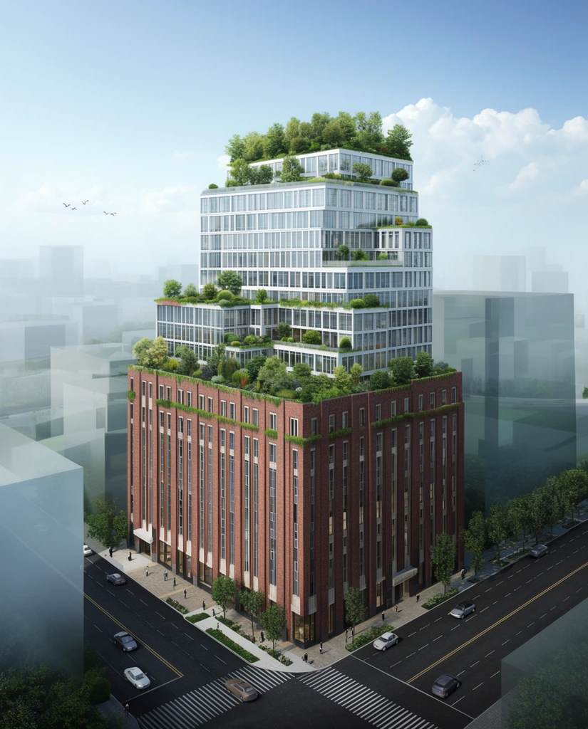 An elevated architectural rendering of a multi-tiered high-rise at an urban street corner. The structure features a classic red brick base with tall vertical windows, transitioning into a contemporary, stepped superstructure of white-framed glass. Extensive biophilic design incorporates lush trees and shrubs across multiple setback terraces and a prominent rooftop garden. Bright daylight illuminates the dark asphalt roads, crosswalks, tiny pedestrians, and vehicles below. Muted, blocky background buildings fade into atmospheric haze under a clear sky with scattered clouds and distant birds, capturing a clean, photorealistic commercial visualization.
