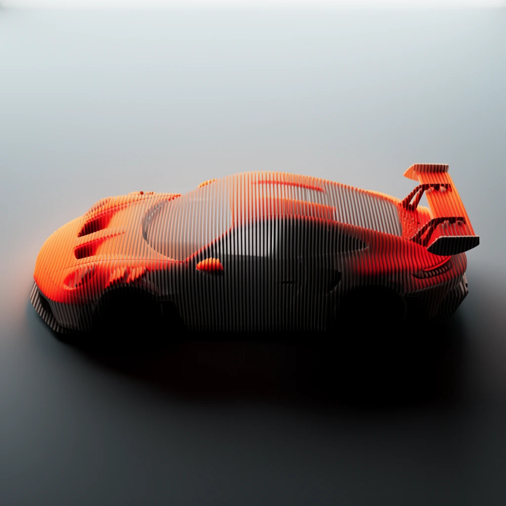 abstract sports car side profile, formed by dense vertical parallel slats, upper edges illuminated with a fiery orange-red gradient glow, lower half cast in deep black shadow, rear aerodynamic wing, laser-cut 3D slice aesthetic, minimalist smooth light gray to dark gray gradient background, dramatic overhead studio lighting, geometric composition, optical illusion