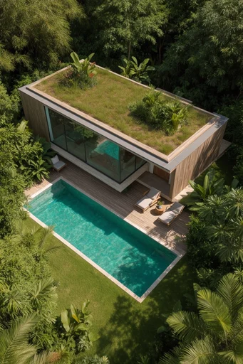 Lush Aerial Oasis style reference image — turquoise water feature