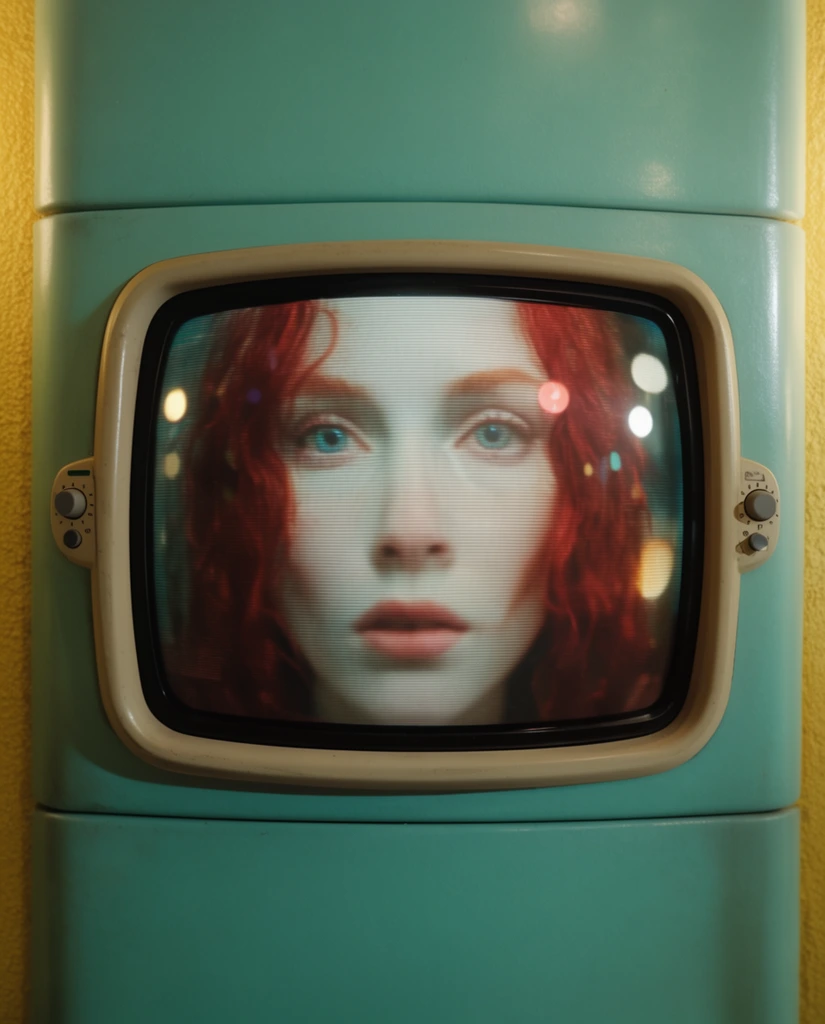 A vintage CRT monitor embedded in a smooth teal console displays an extreme, distorted close-up of a pale woman with red hair. The curved glass screen features heavy scanlines and circular light reflections. A rounded beige bezel with small side dials surrounds the display. The matte aquamarine paneling contrasts with textured yellow walls at the edges, establishing a retro-futuristic, cinematic aesthetic.