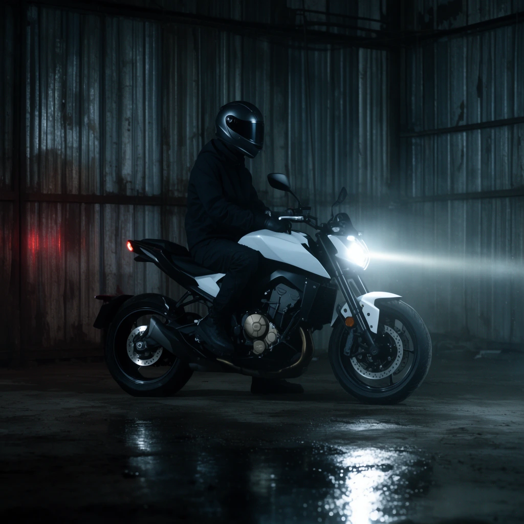 A dark-clad rider in a full-face helmet sits astride a modern white and black motorcycle inside a shadowy industrial warehouse. The bike's brilliant headlight pierces the hazy atmosphere, casting a sharp reflection on the wet concrete floor. A subtle red taillight glow touches the corrugated metal wall behind. Cinematic, low-key lighting creates a moody, cool-toned environment, contrasting the rugged metallic background with the sleek lines of the stationary machine.