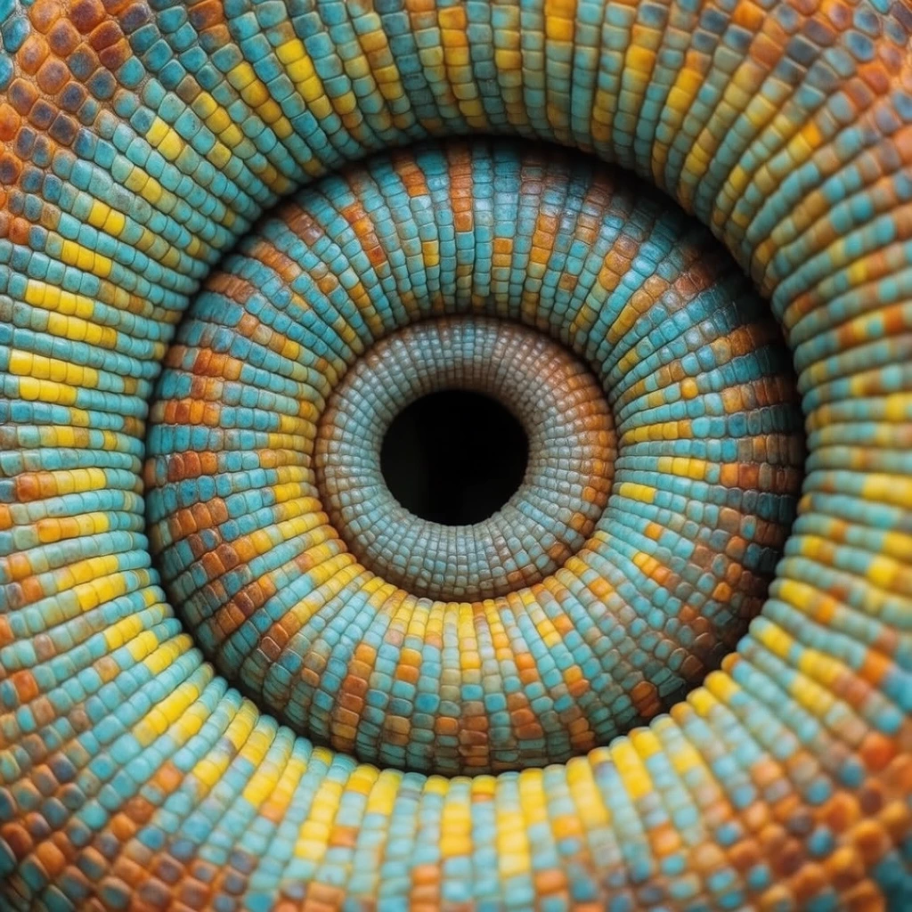 A tight macro photograph captures a reptilian tail tightly coiled into a perfect inward spiral. The frame is entirely filled with small, bead-like scales arranged in concentric rings, rendered in a vibrant palette of teal, bright yellow, and burnt orange. These textured scales decrease in size as they curl toward a deep, shadowed black void at the exact center. Soft, even lighting highlights the rounded, three-dimensional volume of each individual scale, casting subtle micro-shadows in the crevices. This ultra-close-up composition emphasizes the organic geometric pattern and mesmerizing tactile quality of the vibrant skin.