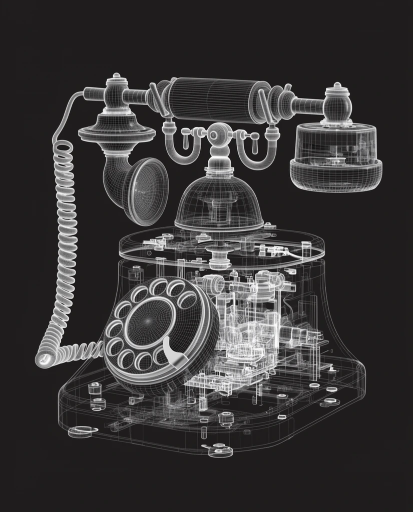 exploded wireframe technical drawing of a vintage rotary telephone, white lines on dark background, coiled cord, rotary dial, exposed internal mechanics, floating components, 3D blueprint aesthetic, monochrome