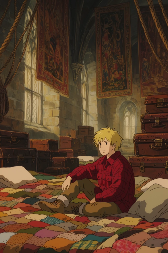 young man with messy blonde hair wearing a heavy red flannel shirt sitting awake amidst scattered patchwork quilts and pillows, cavernous stone dormitory, gothic arched windows letting in hazy daylight, large tapestries and heavy ropes hanging from the vaulted ceiling, stacks of leather trunks, hand-drawn 2D animation style, warm amber color palette, soft diffused cinematic lighting, wide framing, deep depth of field