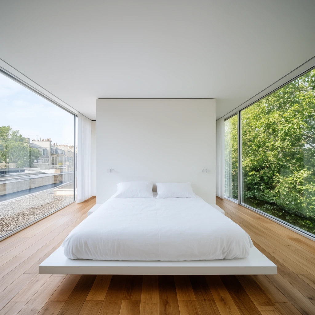 A minimalist white bedroom centered on a low floating platform bed with crisp white linens positioned against a stark white partition wall. Warm light brown wooden plank floors contrast with the bright interior. Expansive floor-to-ceiling glass windows flank both sides of the room, flooding the space with natural daylight. The left window reveals a gravel rooftop and distant architecture, while the right frames a lush green tree canopy. Wide-angle architectural photography captures the serene, symmetrical indoor-outdoor continuity.