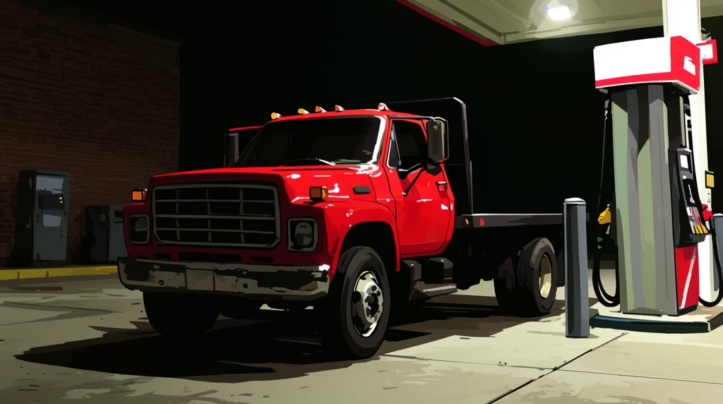 A vibrant red vintage flatbed truck is parked under the stark artificial lights of a gas station at night in a high-contrast, cel-shaded digital illustration. The heavy-duty vehicle features a bulky front grille, roof clearance lights, and dual rear tires, its glossy surface gleaming with crisp white highlights and deep black shadows. It sits on a concrete forecourt next to a brightly lit fuel pump, flanked by a dark brick building and a gray bollard. The artwork utilizes a bold comic-book rendering style with sharp, unblended color blocking, creating a dramatic, moody atmosphere through intense overhead canopy lighting that plunges the surrounding environment into pitch black.