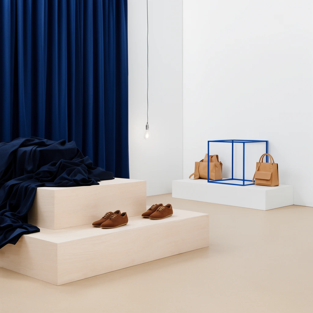 Minimalist retail display, light wood stepped platform with brown shoes and draped navy fabric, low plinth holding tan leather bags and blue wireframe cube, stark white walls, deep blue curtains, beige floor, bare hanging bulb, clean geometric composition, diffused light